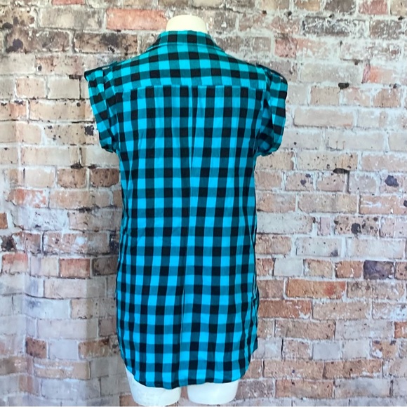 Millennium Plaid Tunic Button Down Short Sleeve Blue & Black Sz Large - Picture 6 of 9